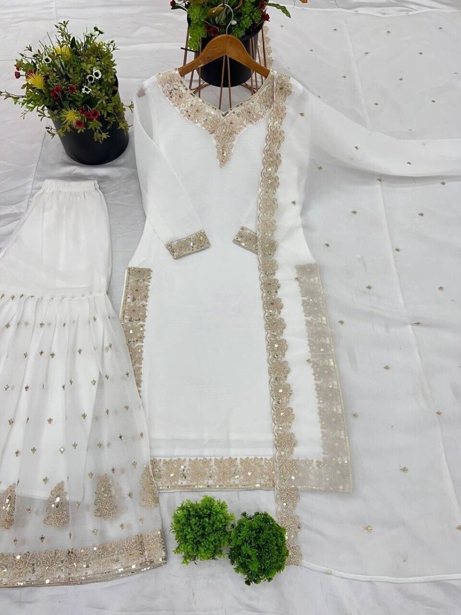White Crunchy Silk Pakistani Salwar Kameez Sharara Suit with Embroidered Dupatta - 001FASHIONFORWARD