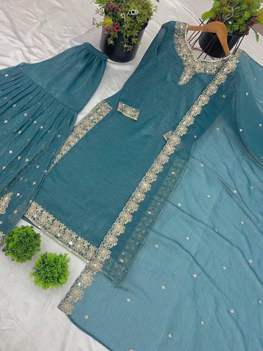 White Crunchy Silk Pakistani Salwar Kameez Sharara Suit with Embroidered Dupatta - 001FASHIONFORWARD
