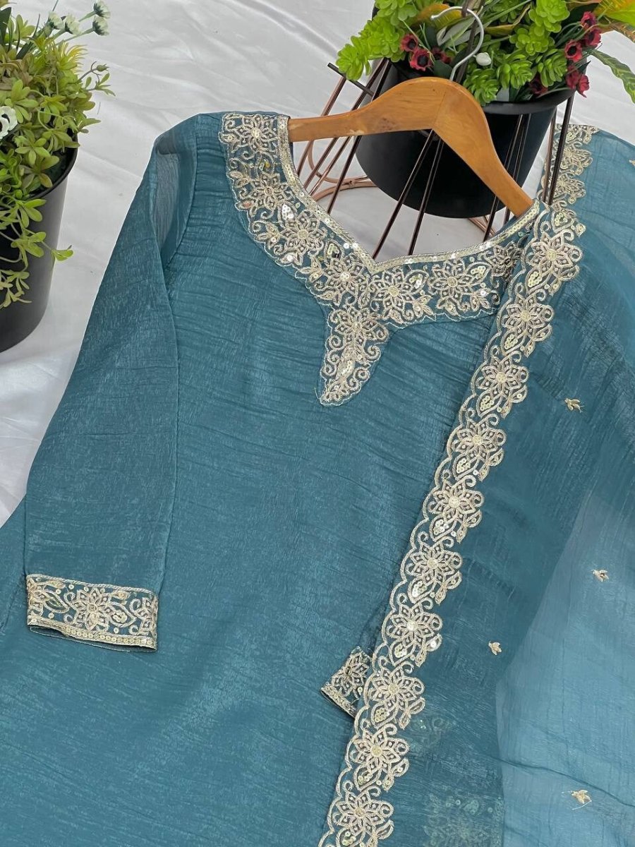 White Crunchy Silk Pakistani Salwar Kameez Sharara Suit with Embroidered Dupatta - 001FASHIONFORWARD
