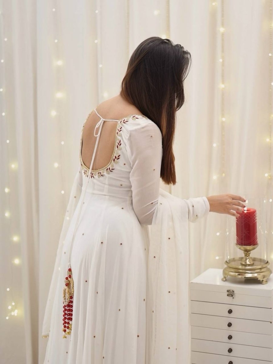 White Georgette Anarkali Gown With Embroidery Work & Fancysleeves - 001FASHIONFORWARD