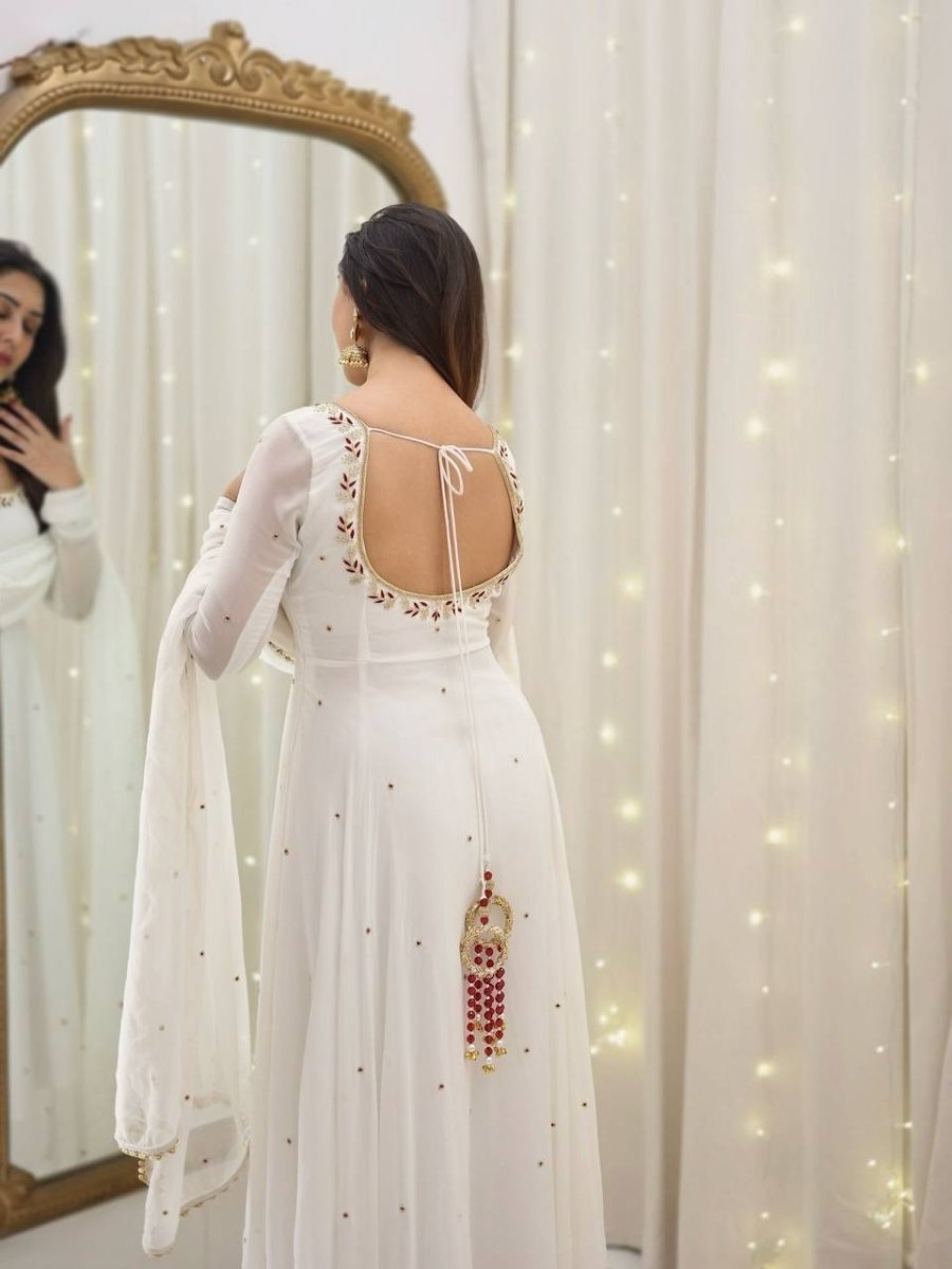 White Georgette Anarkali Gown With Embroidery Work & Fancysleeves - 001FASHIONFORWARD