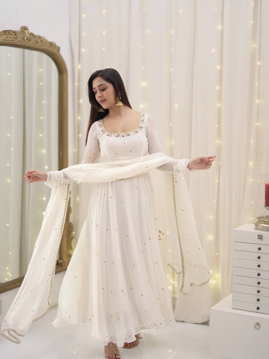 White Georgette Anarkali Gown With Embroidery Work & Fancysleeves - 001FASHIONFORWARD