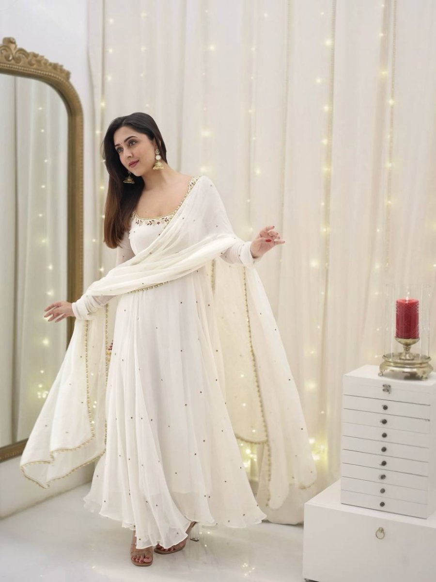 White Georgette Anarkali Gown With Embroidery Work & Fancysleeves - 001FASHIONFORWARD