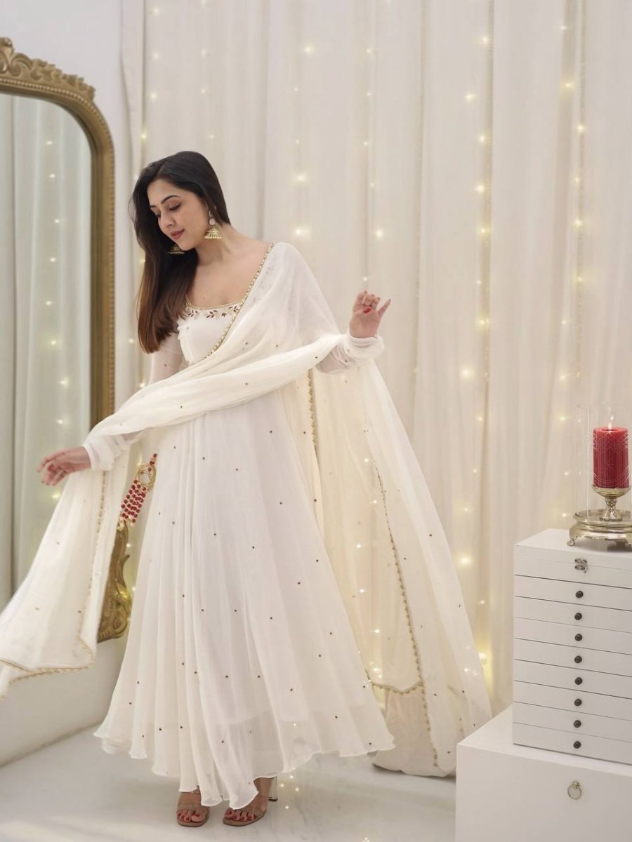 White Georgette Anarkali Gown With Embroidery Work & Fancysleeves - 001FASHIONFORWARD