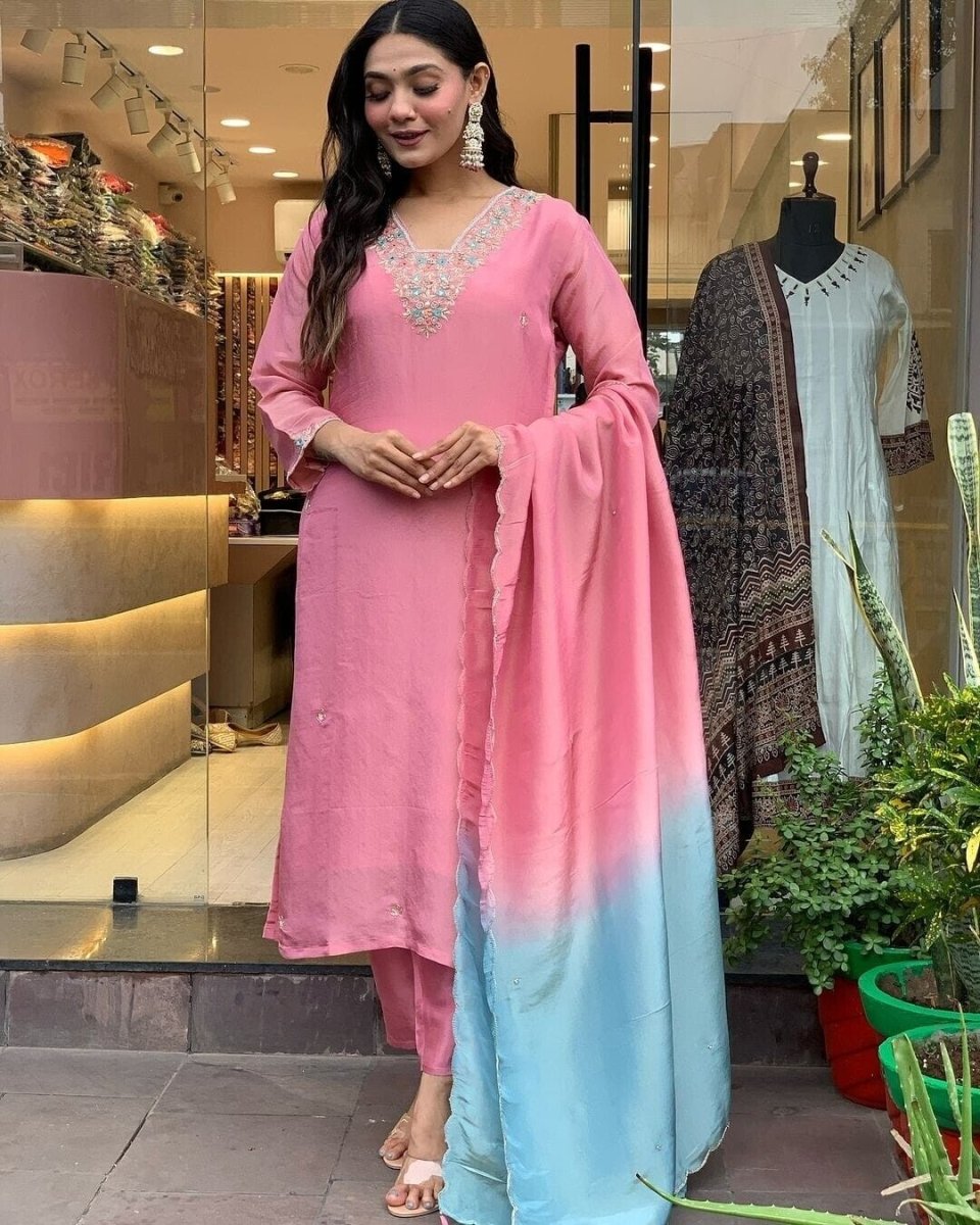 Women Cotton Straight Suit with Handwork – 3 - Piece Set Salwar kameez - 001FASHIONFORWARD
