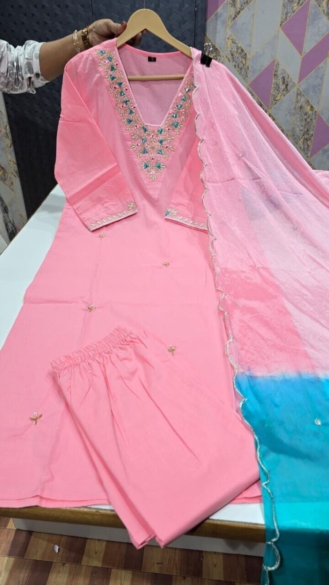 Women Cotton Straight Suit with Handwork – 3 - Piece Set Salwar kameez - 001FASHIONFORWARD