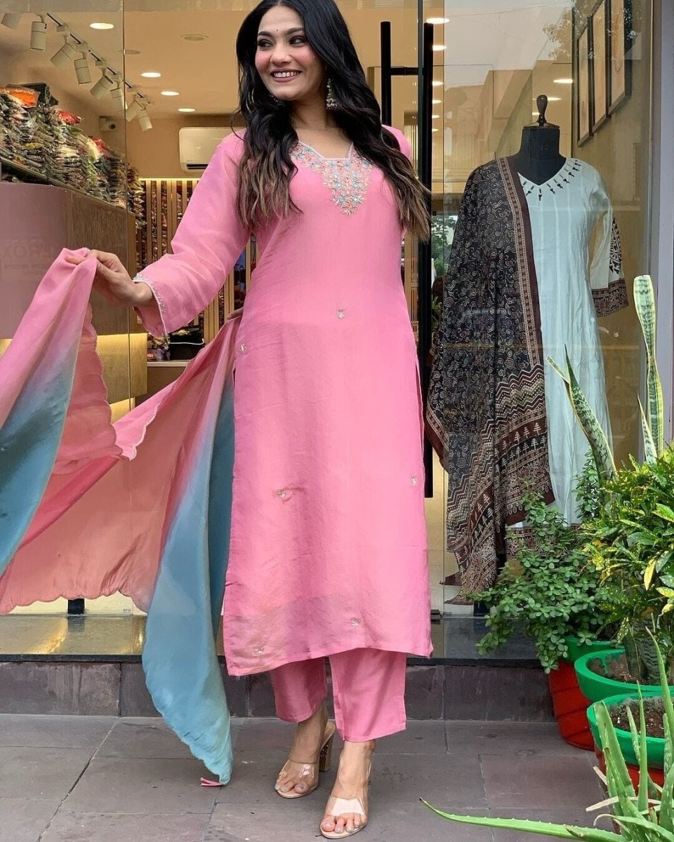 Women Cotton Straight Suit with Handwork – 3 - Piece Set Salwar kameez - 001FASHIONFORWARD