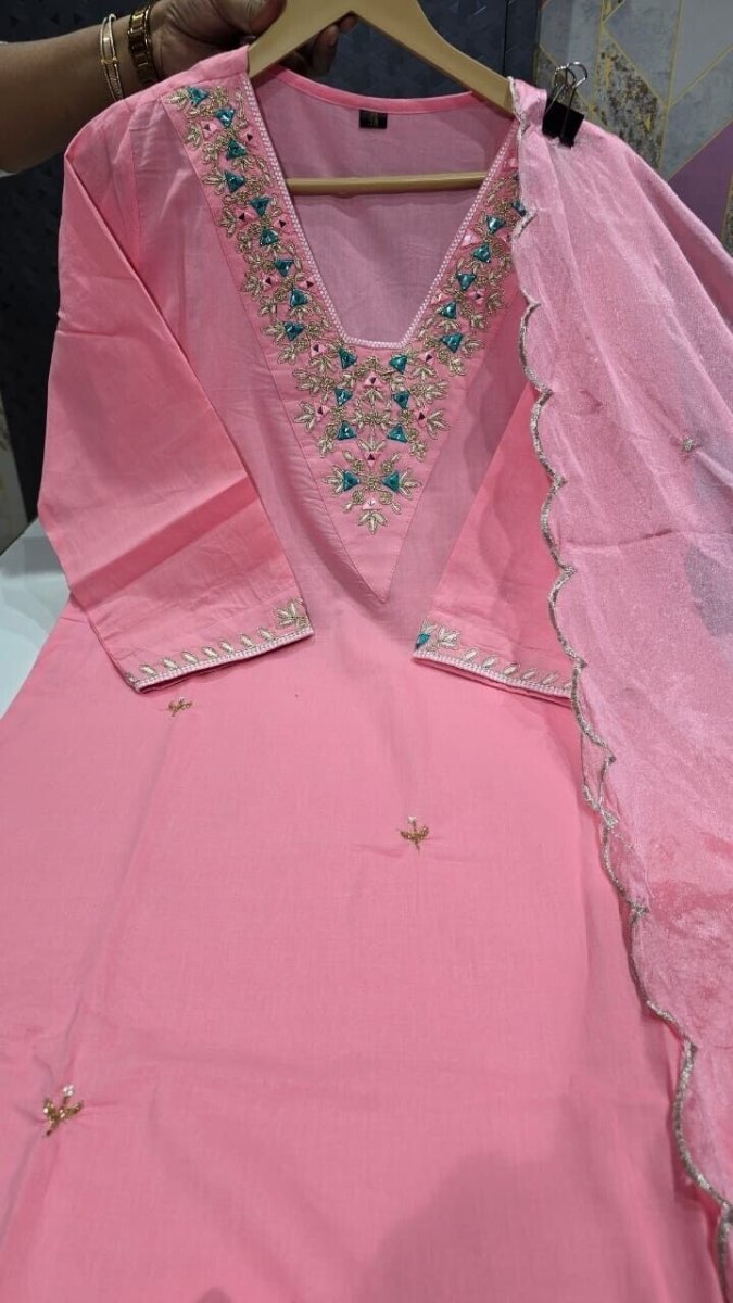Women Cotton Straight Suit with Handwork – 3 - Piece Set Salwar kameez - 001FASHIONFORWARD