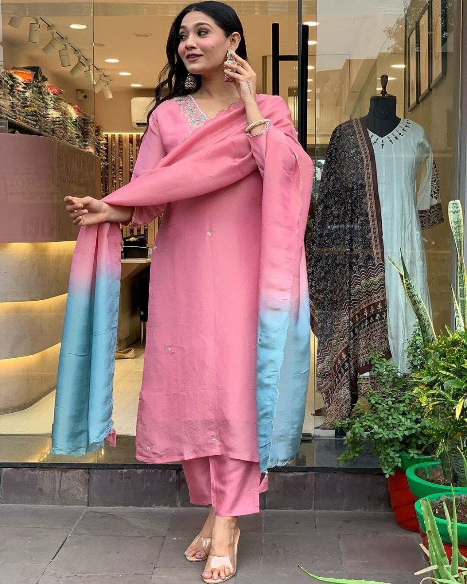 Women Cotton Straight Suit with Handwork – 3 - Piece Set Salwar kameez - 001FASHIONFORWARD