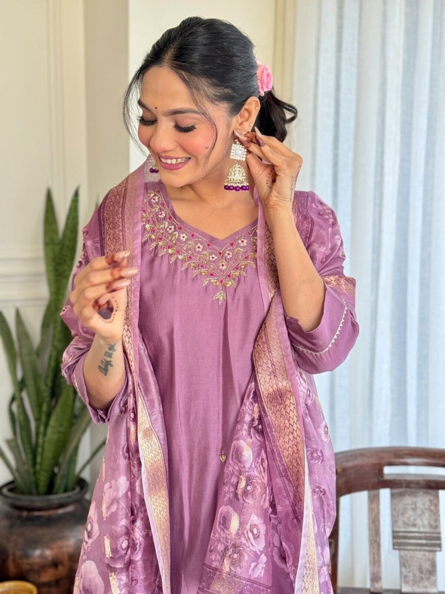 Women Elegant Romen Silk Kurta Pant Chanderi Dupatta Salwar kameez suit - 001FASHIONFORWARD