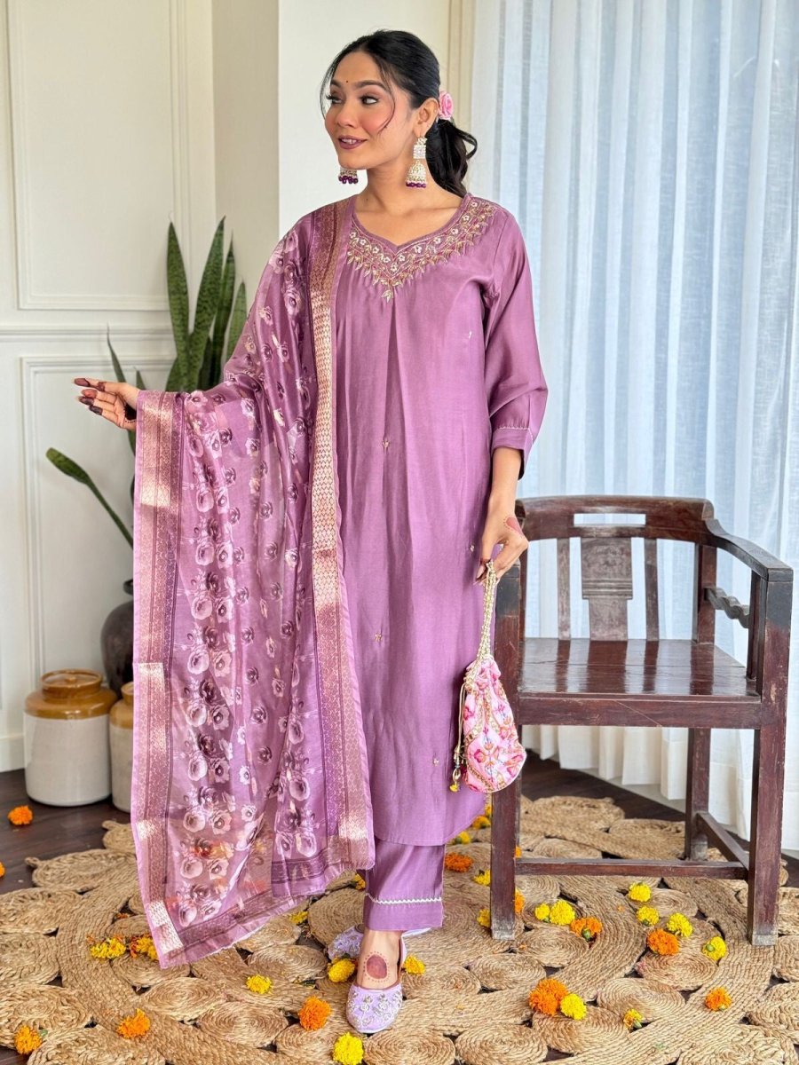 Women Elegant Romen Silk Kurta Pant Chanderi Dupatta Salwar kameez suit - 001FASHIONFORWARD