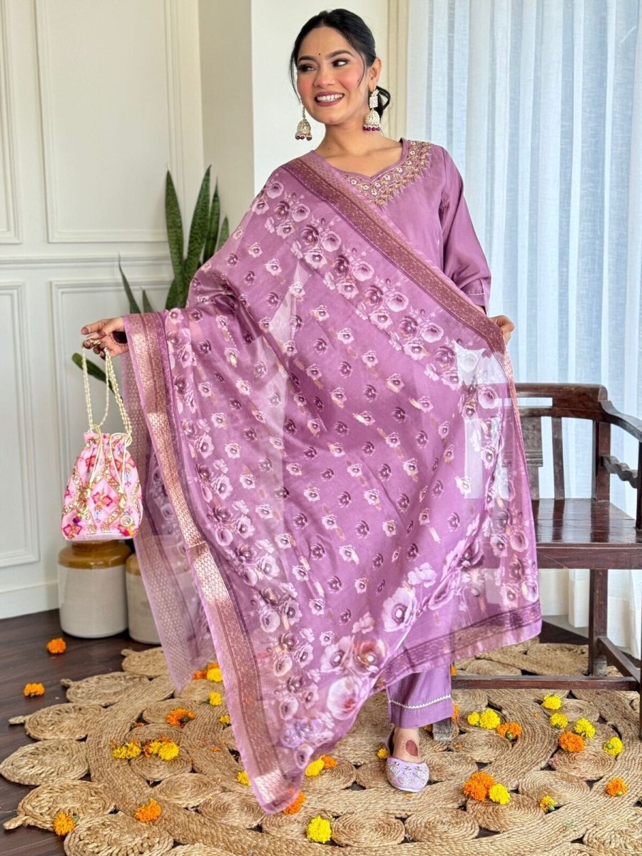 Women Elegant Romen Silk Kurta Pant Chanderi Dupatta Salwar kameez suit - 001FASHIONFORWARD