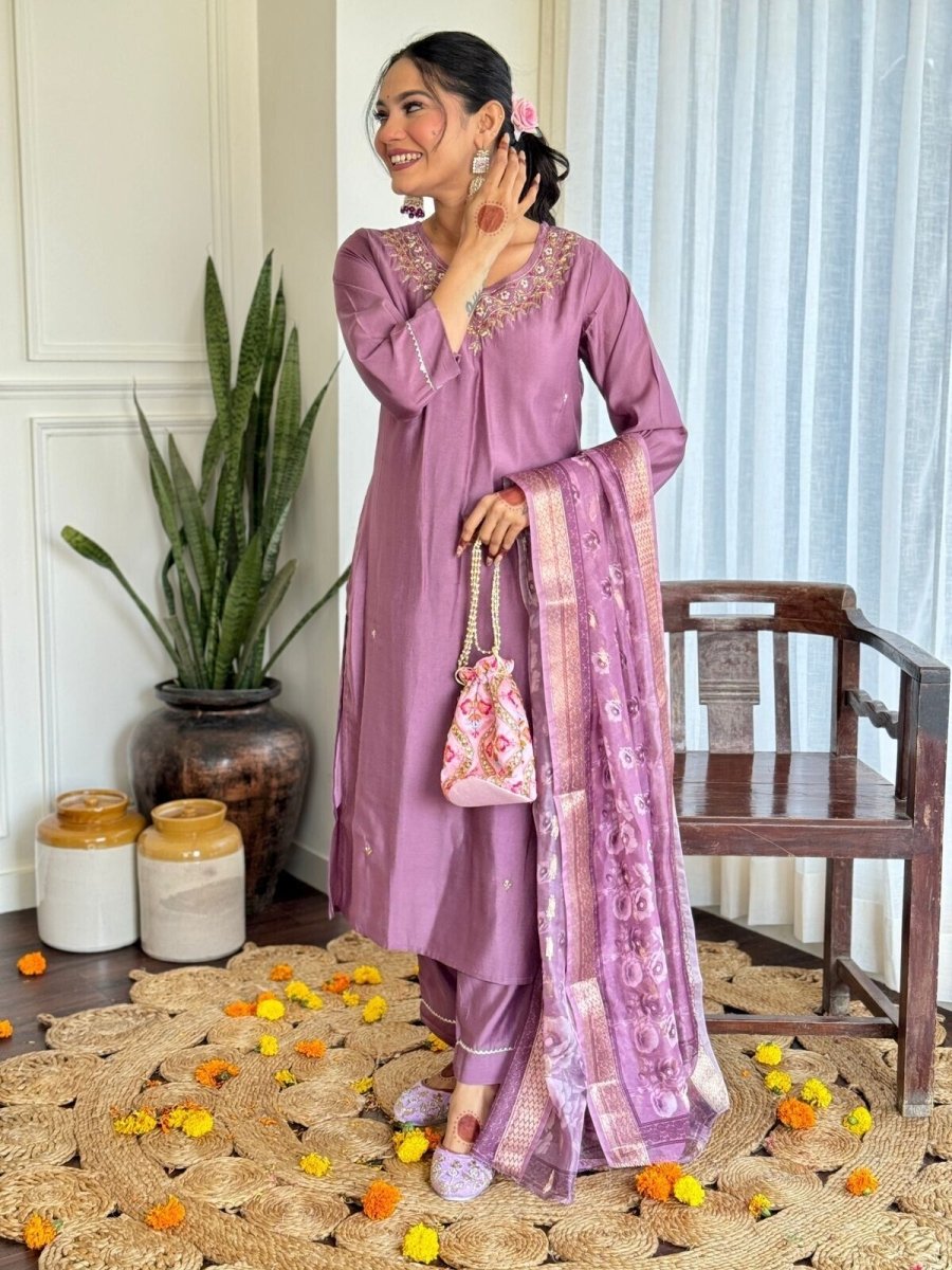 Women Elegant Romen Silk Kurta Pant Chanderi Dupatta Salwar kameez suit - 001FASHIONFORWARD