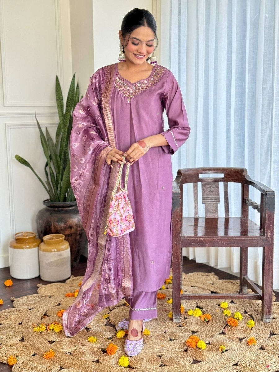 Women Elegant Romen Silk Kurta Pant Chanderi Dupatta Salwar kameez suit - 001FASHIONFORWARD