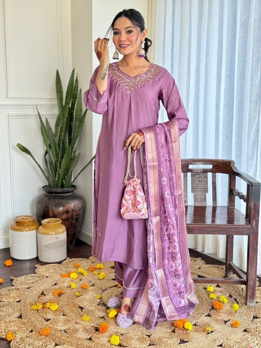 Women Elegant Romen Silk Kurta Pant Chanderi Dupatta Salwar kameez suit - 001FASHIONFORWARD