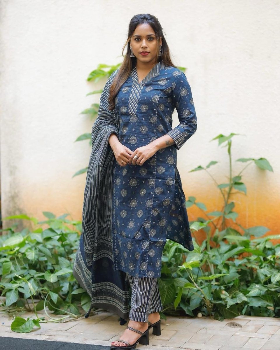 Women Salwar Kameez Elegant Cotton Straight Suit with Handwork – 3 - Piece Set - 001FASHIONFORWARD