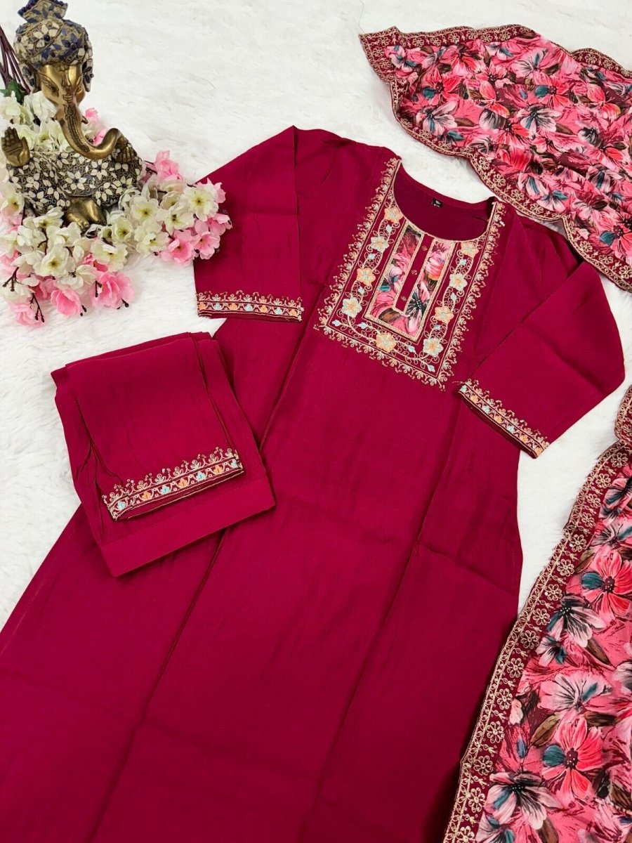 Women straight suit Elegant Viscose Silk Salwar Kameez Set readymade suit - 001FASHIONFORWARD