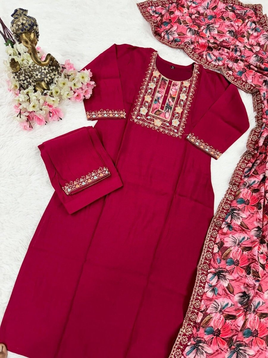 Women straight suit Elegant Viscose Silk Salwar Kameez Set readymade suit - 001FASHIONFORWARD