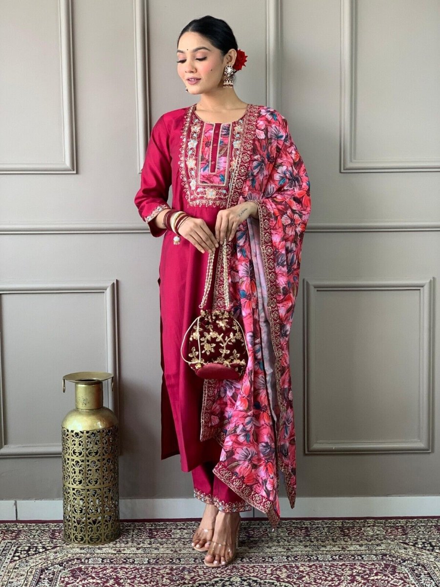 Women straight suit Elegant Viscose Silk Salwar Kameez Set readymade suit - 001FASHIONFORWARD