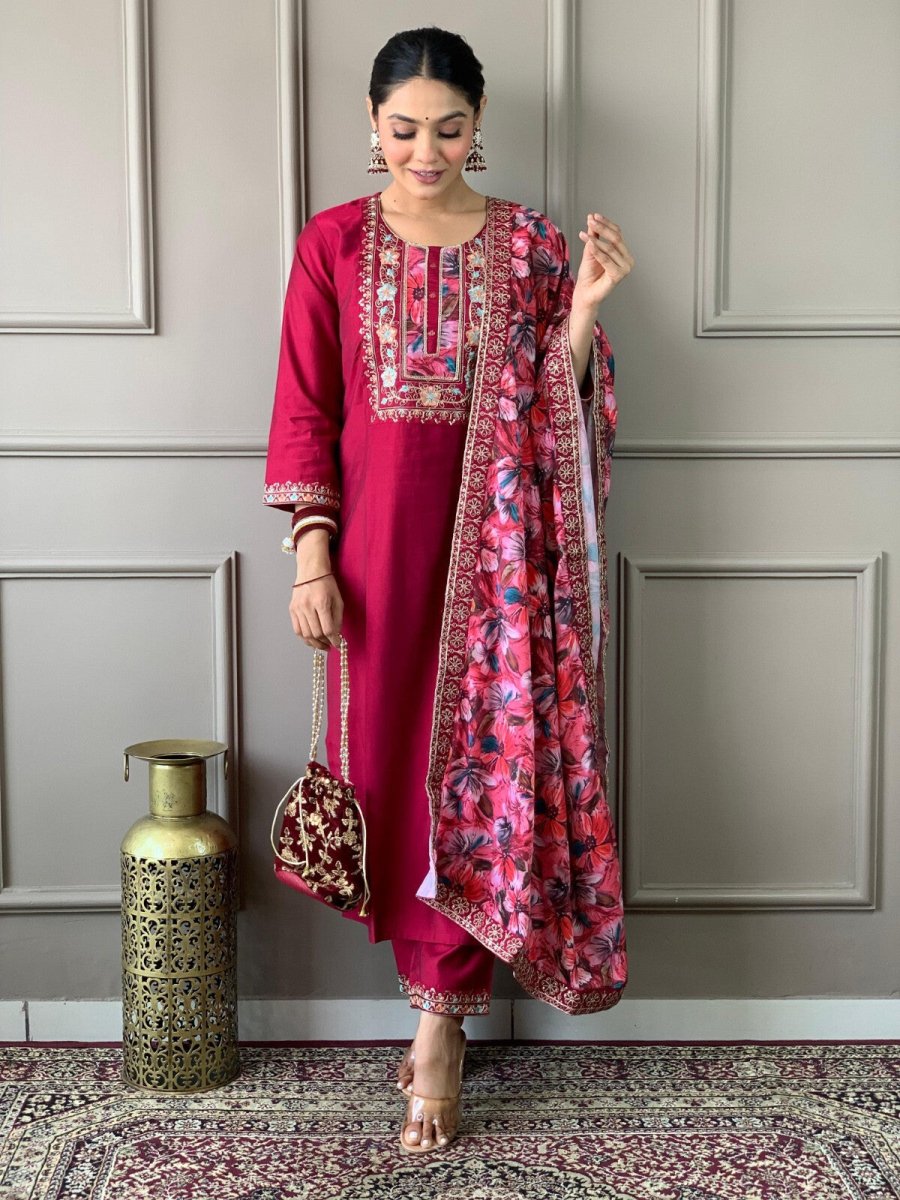 Women straight suit Elegant Viscose Silk Salwar Kameez Set readymade suit - 001FASHIONFORWARD