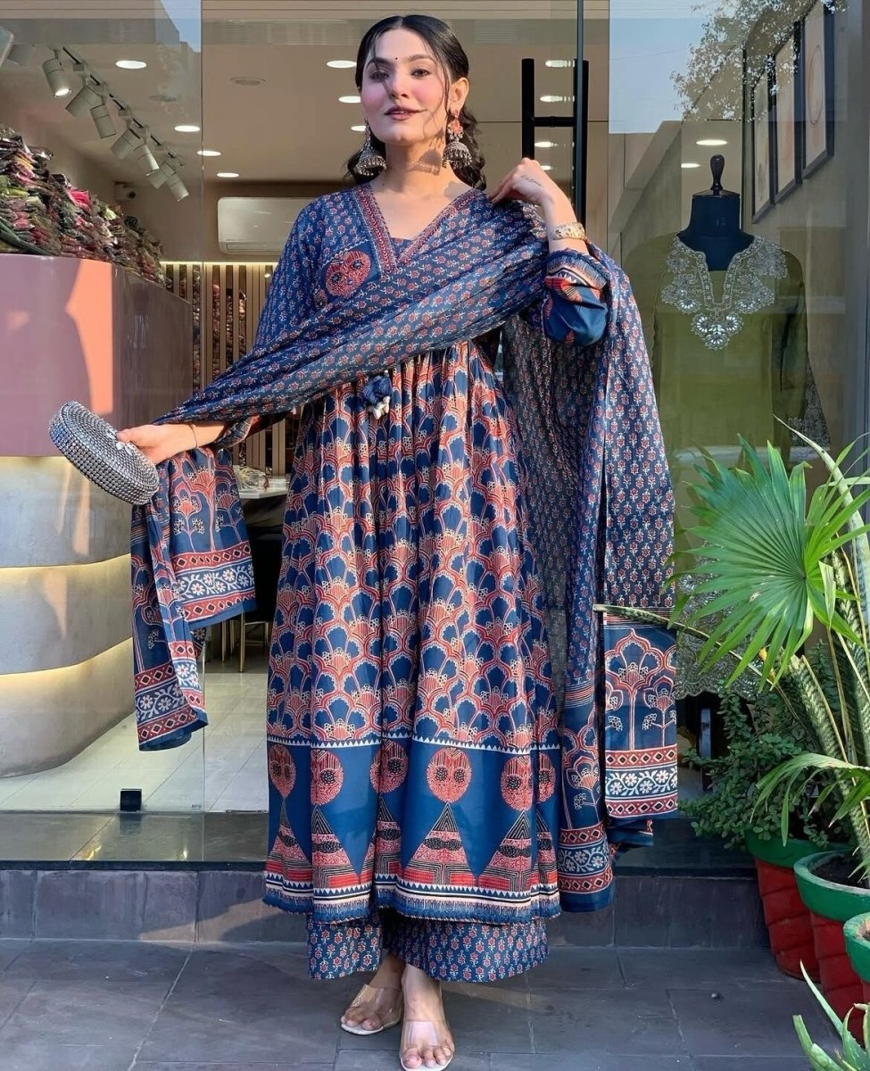 Women’s Blue Rayon Printed Anarkali Gown Set – Kurti, Pant & Dupatta (3 - Piece Se - 001FASHIONFORWARD