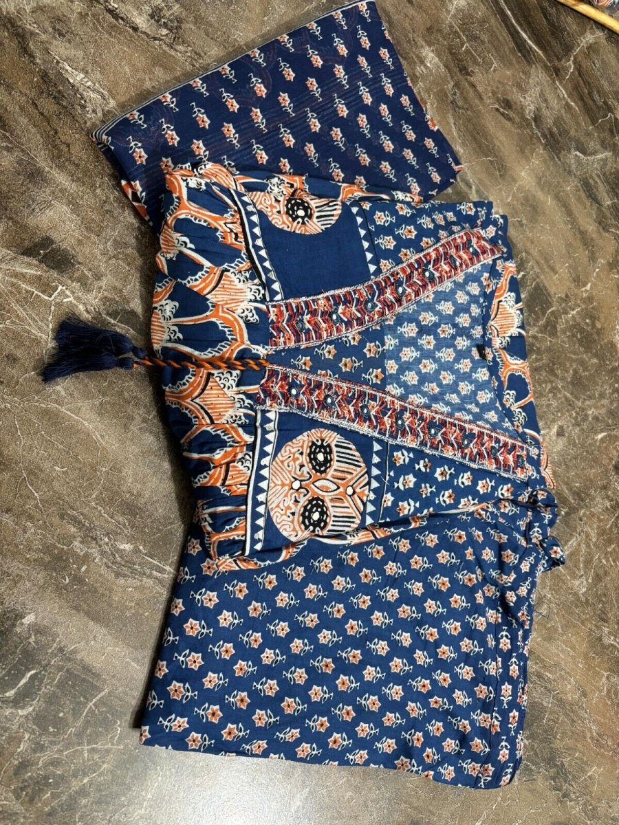 Women’s Blue Rayon Printed Anarkali Gown Set – Kurti, Pant & Dupatta (3 - Piece Se - 001FASHIONFORWARD