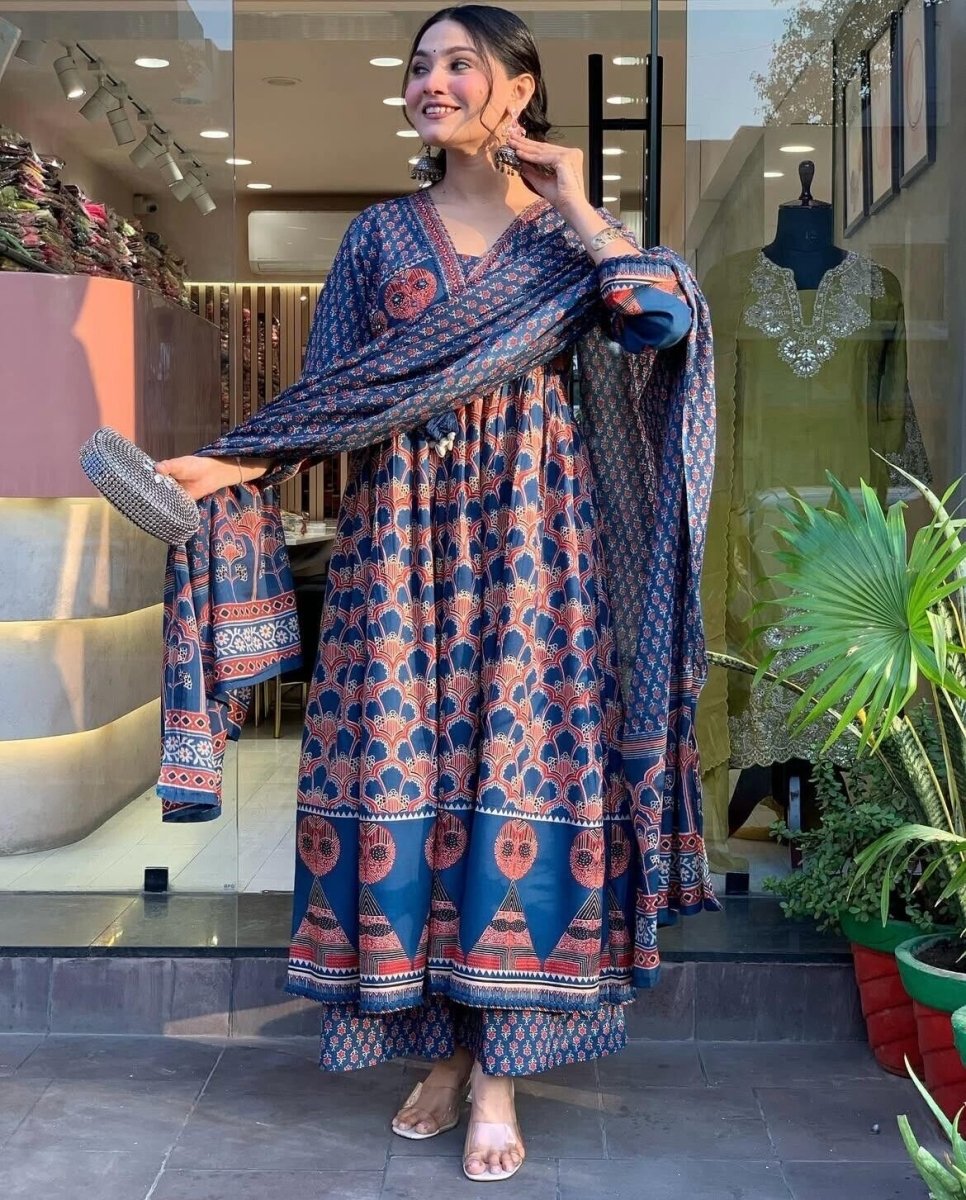 Women’s Blue Rayon Printed Anarkali Gown Set – Kurti, Pant & Dupatta (3 - Piece Se - 001FASHIONFORWARD