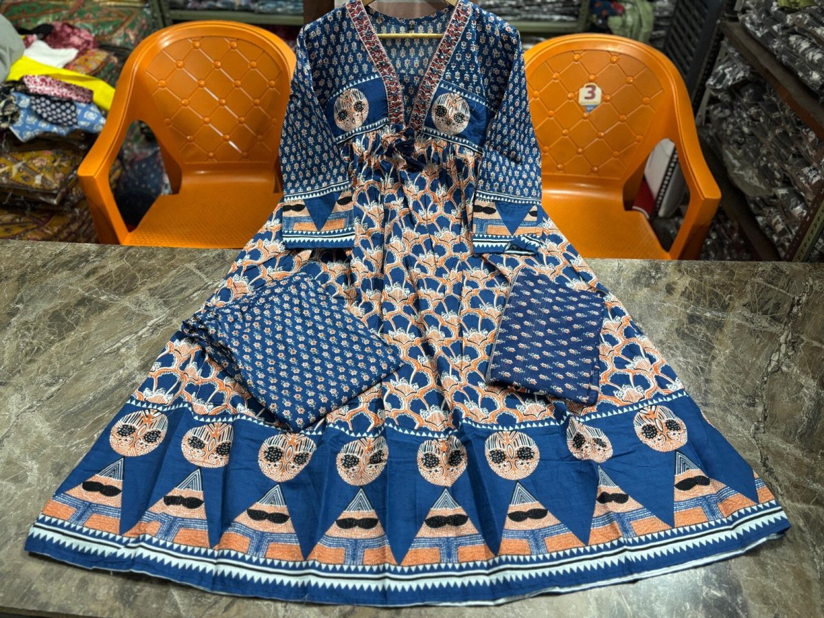 Women’s Blue Rayon Printed Anarkali Gown Set – Kurti, Pant & Dupatta (3 - Piece Se - 001FASHIONFORWARD