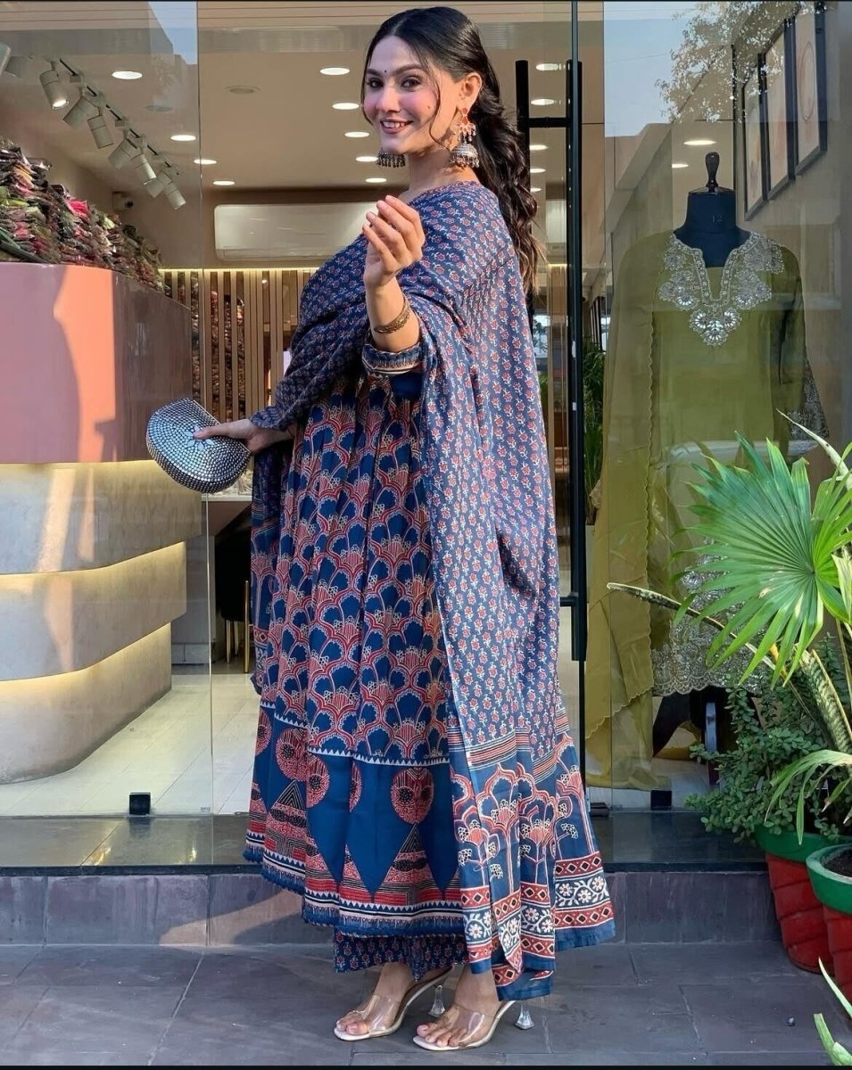Women’s Blue Rayon Printed Anarkali Gown Set – Kurti, Pant & Dupatta (3 - Piece Se - 001FASHIONFORWARD