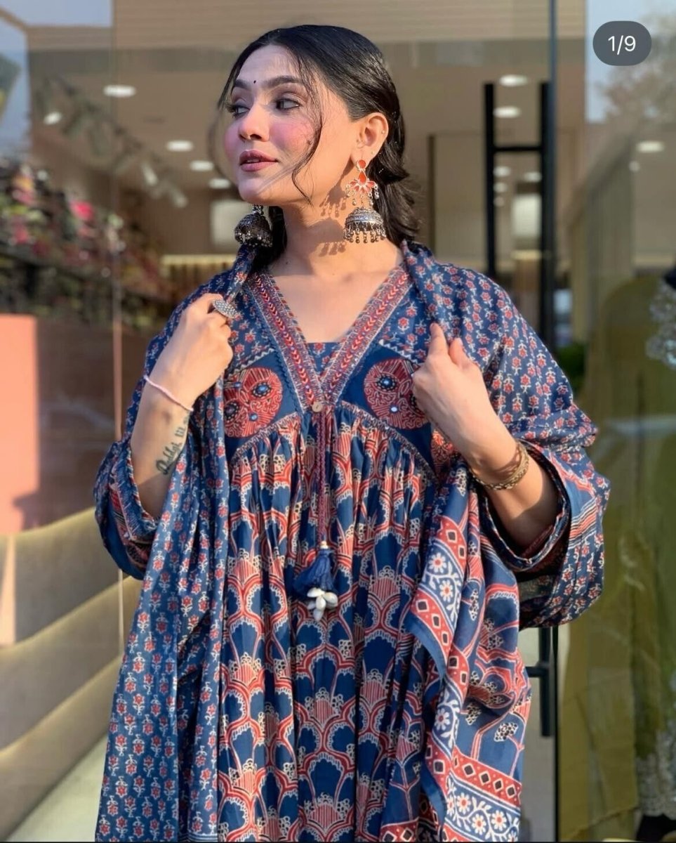 Women’s Blue Rayon Printed Anarkali Gown Set – Kurti, Pant & Dupatta (3 - Piece Se - 001FASHIONFORWARD