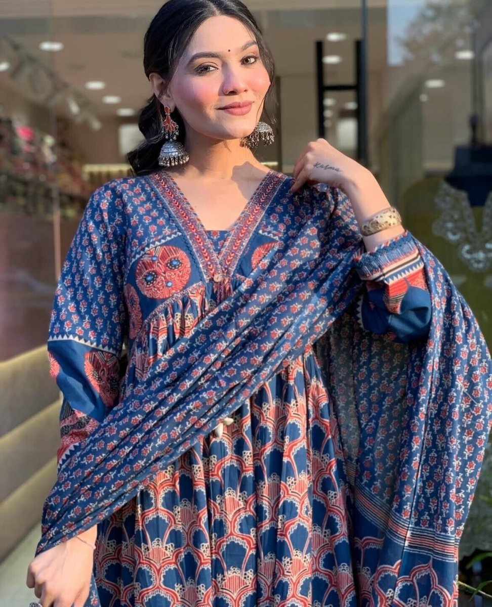 Women’s Blue Rayon Printed Anarkali Gown Set – Kurti, Pant & Dupatta (3 - Piece Se - 001FASHIONFORWARD