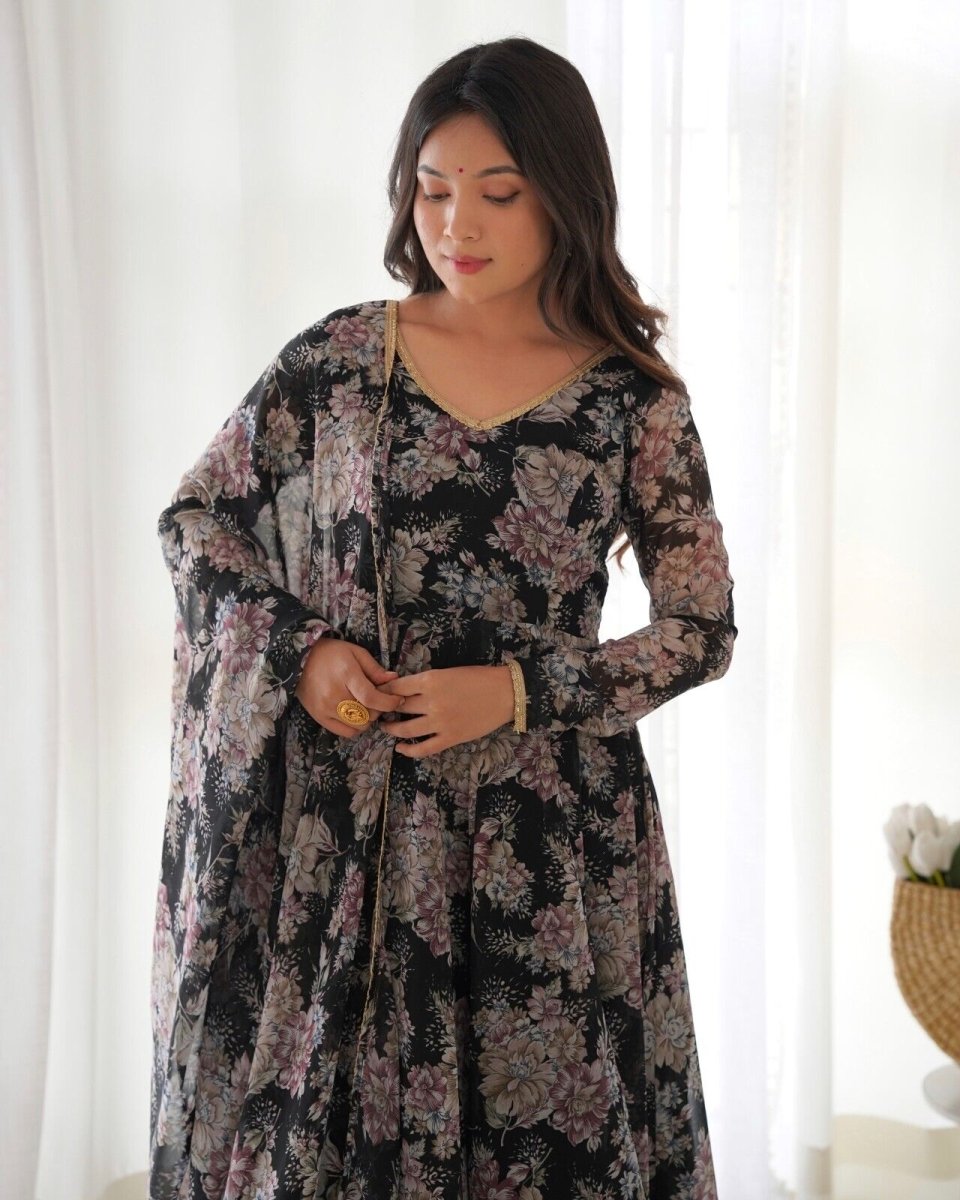 Women's Floral Fox Georgette Anarkali Gown Suit Set – Ready to Wear Wedding wear - 001FASHIONFORWARD