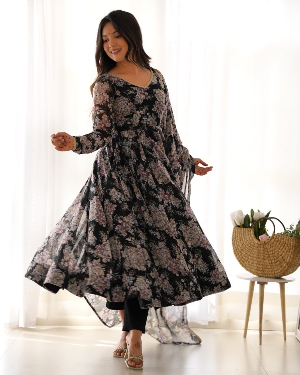 Women's Floral Fox Georgette Anarkali Gown Suit Set – Ready to Wear Wedding wear - 001FASHIONFORWARD