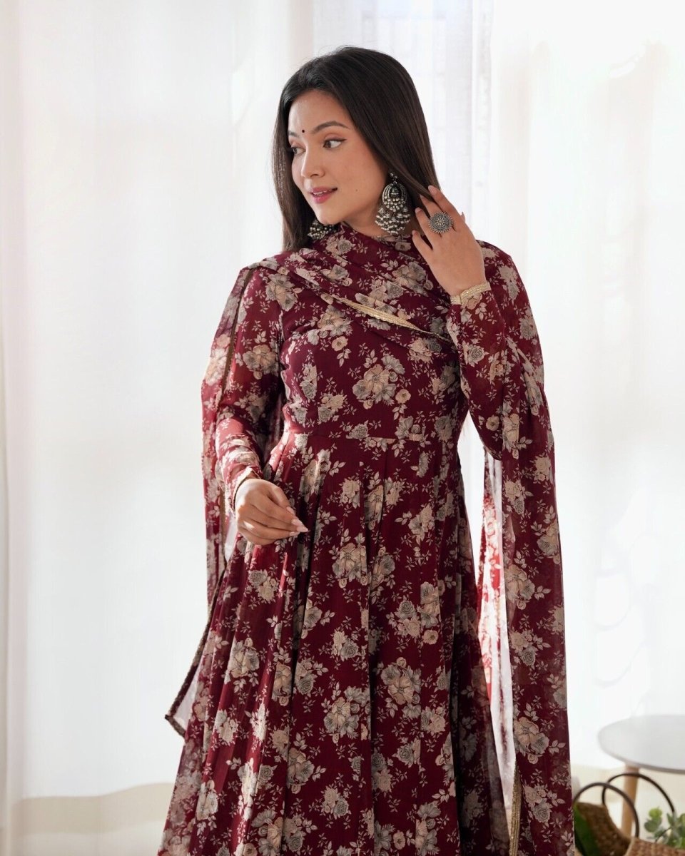 Women's Floral Fox Georgette Anarkali Gown Suit Set – Ready to Wear Wedding wear - 001FASHIONFORWARD