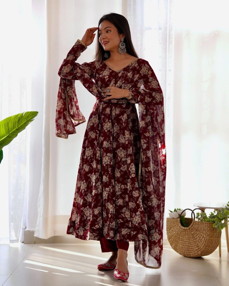 Women's Floral Fox Georgette Anarkali Gown Suit Set – Ready to Wear Wedding wear - 001FASHIONFORWARD