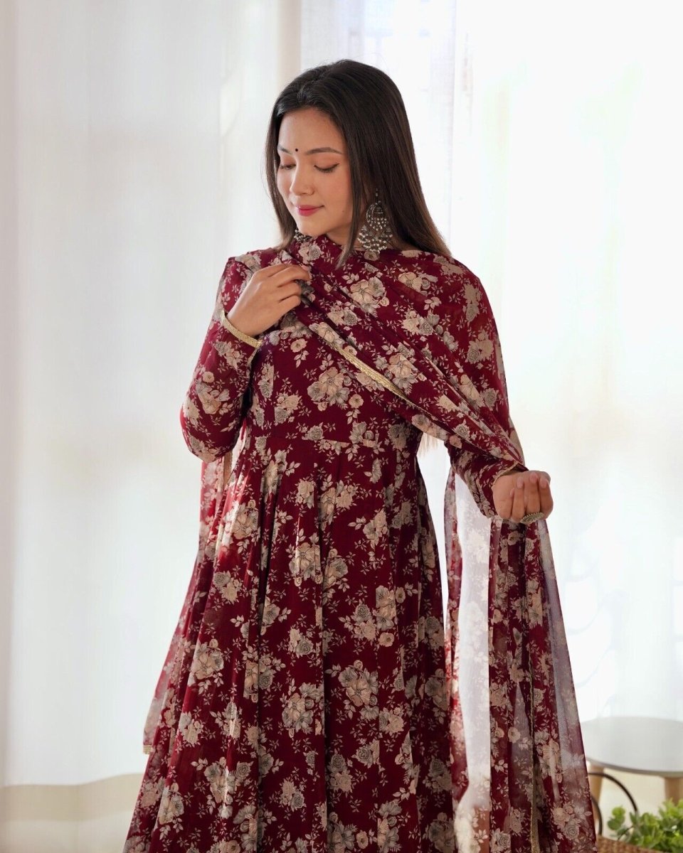 Women's Floral Fox Georgette Anarkali Gown Suit Set – Ready to Wear Wedding wear - 001FASHIONFORWARD