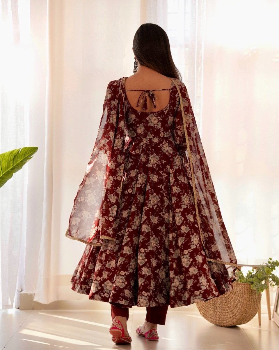 Women's Floral Fox Georgette Anarkali Gown Suit Set – Ready to Wear Wedding wear - 001FASHIONFORWARD