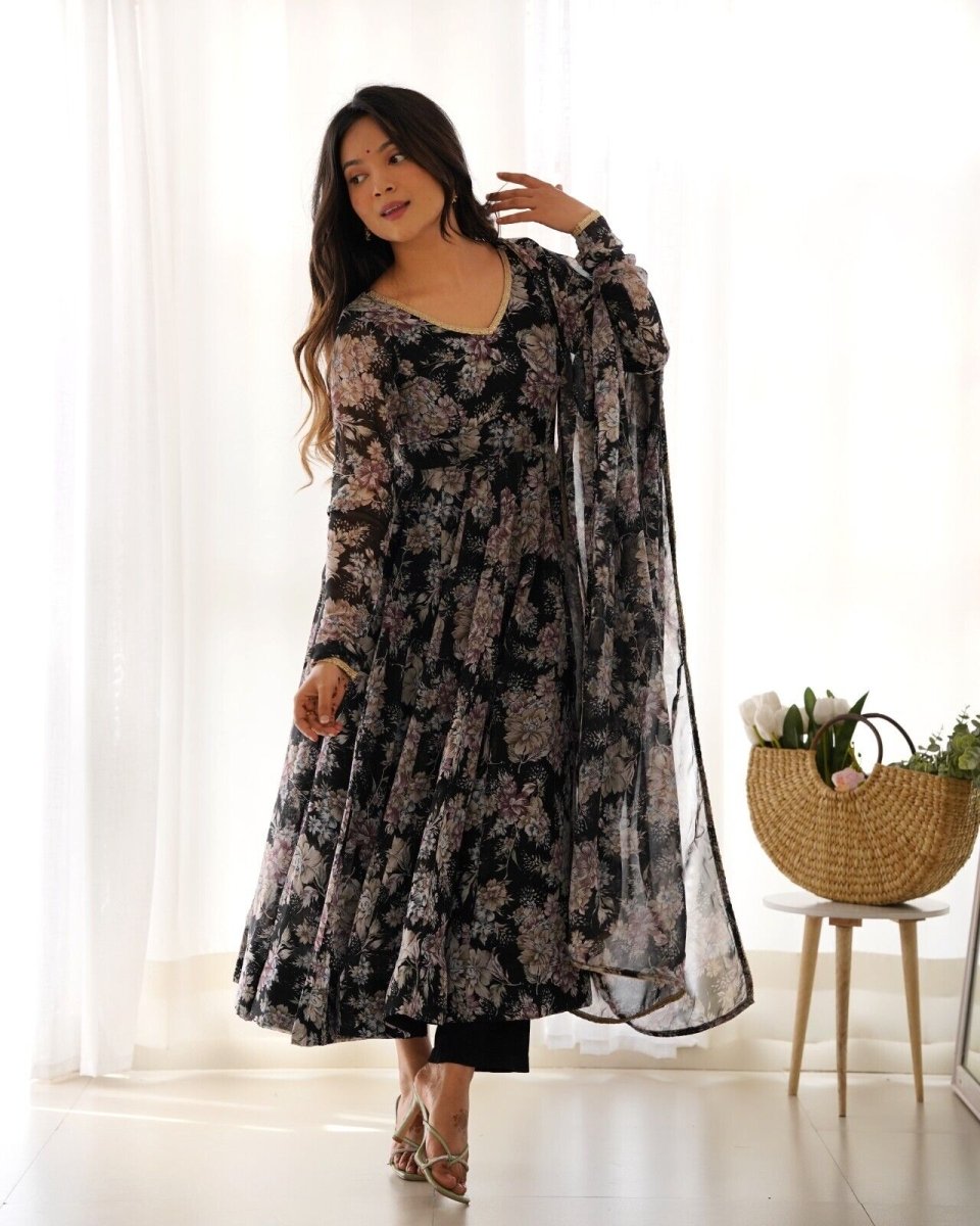 Women's Floral Fox Georgette Anarkali Gown Suit Set – Ready to Wear Wedding wear - 001FASHIONFORWARD