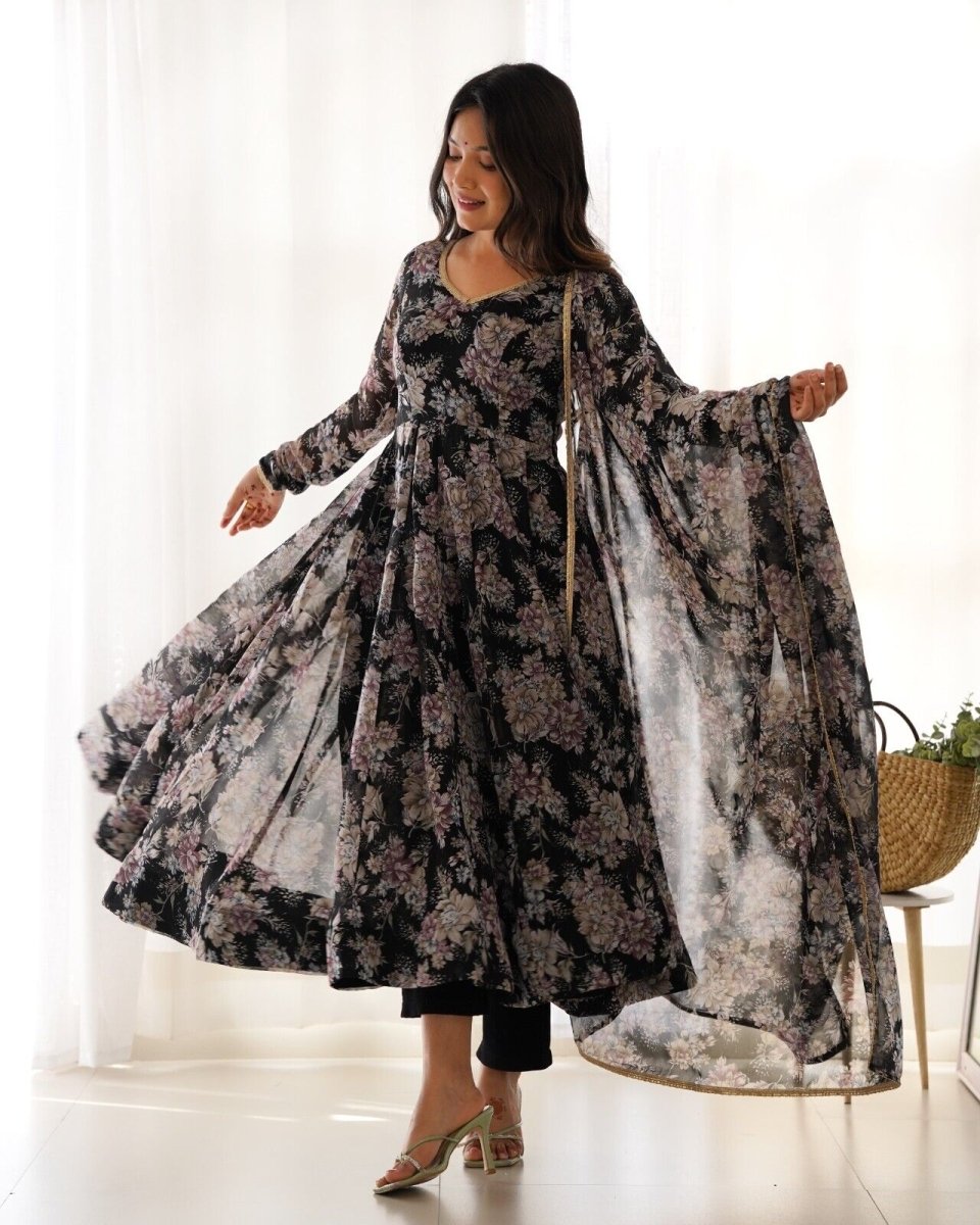 Women's Floral Fox Georgette Anarkali Gown Suit Set – Ready to Wear Wedding wear - 001FASHIONFORWARD