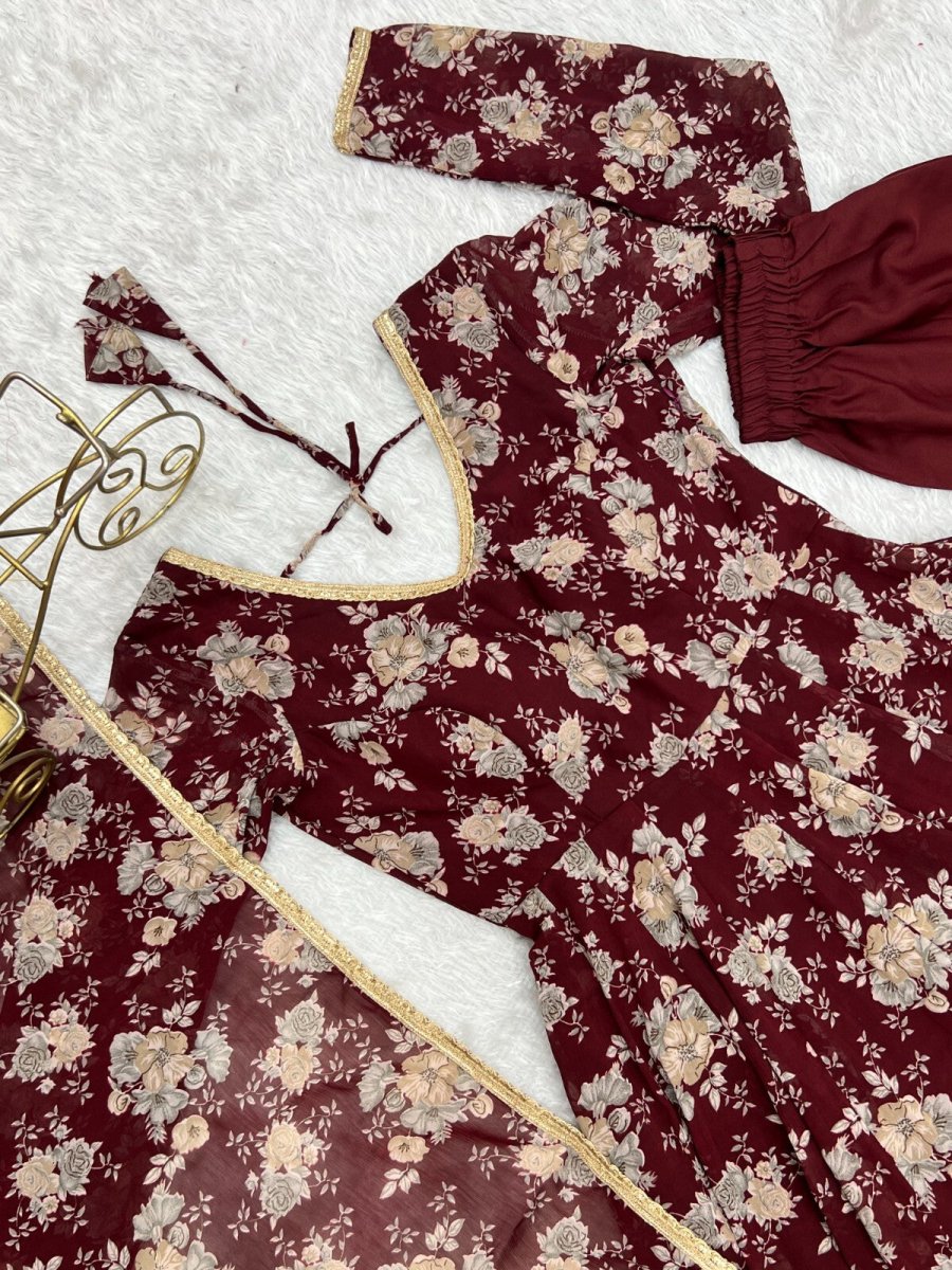 Women's Floral Fox Georgette Anarkali Gown Suit Set – Ready to Wear Wedding wear - 001FASHIONFORWARD