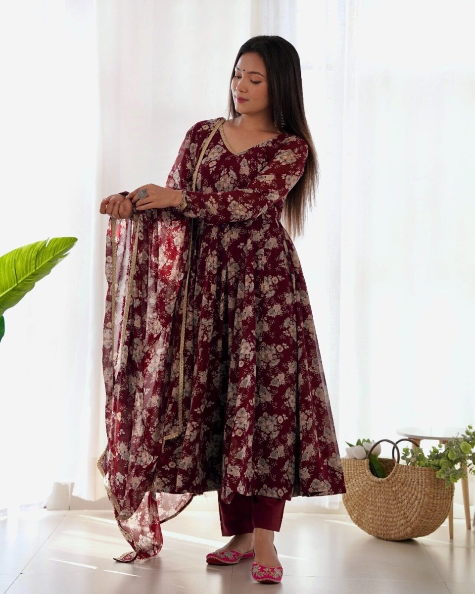 Women's Floral Fox Georgette Anarkali Gown Suit Set – Ready to Wear Wedding wear - 001FASHIONFORWARD