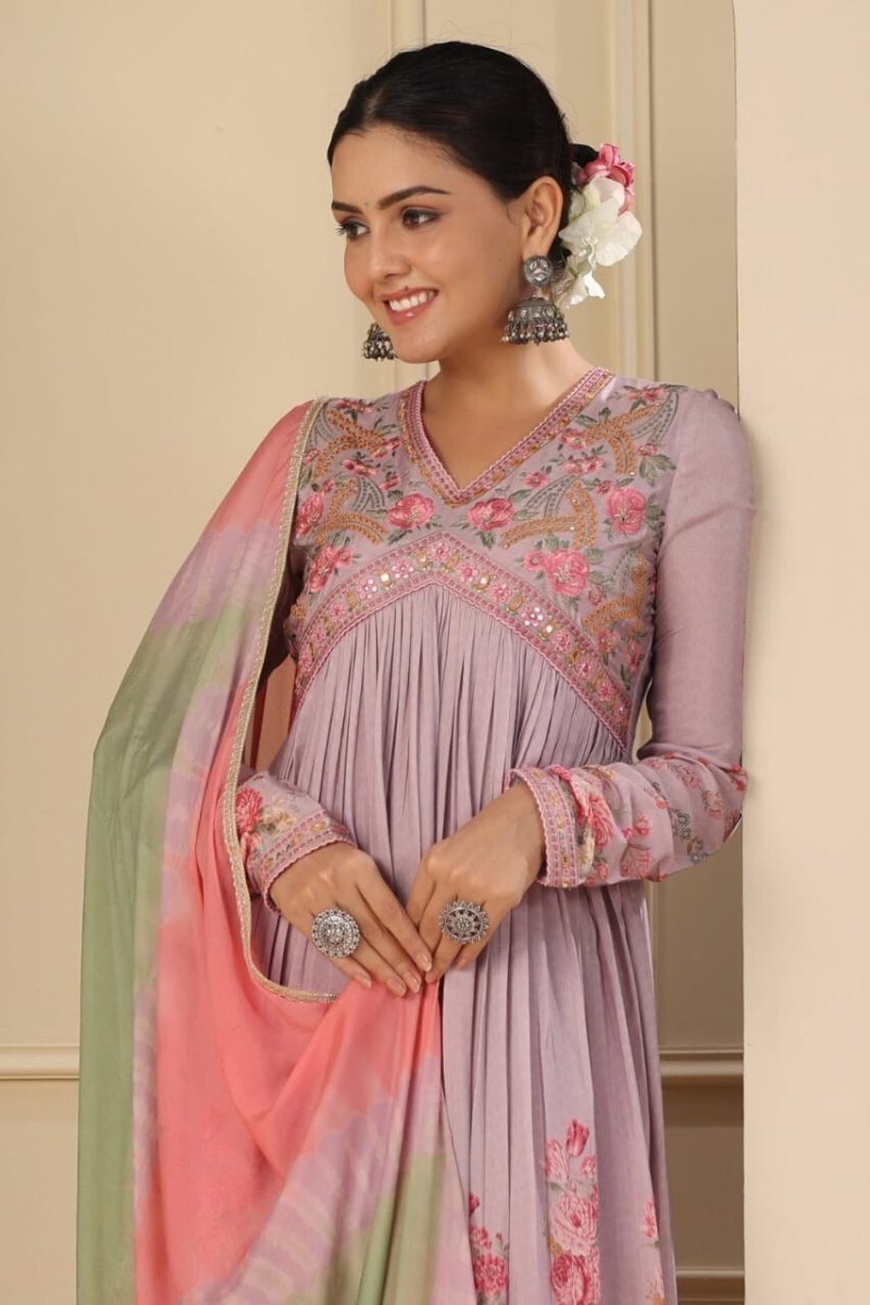 Women's Muslin Silk Alia Cut Salwar kameez Embroidery Digital Shine Print - 001FASHIONFORWARD