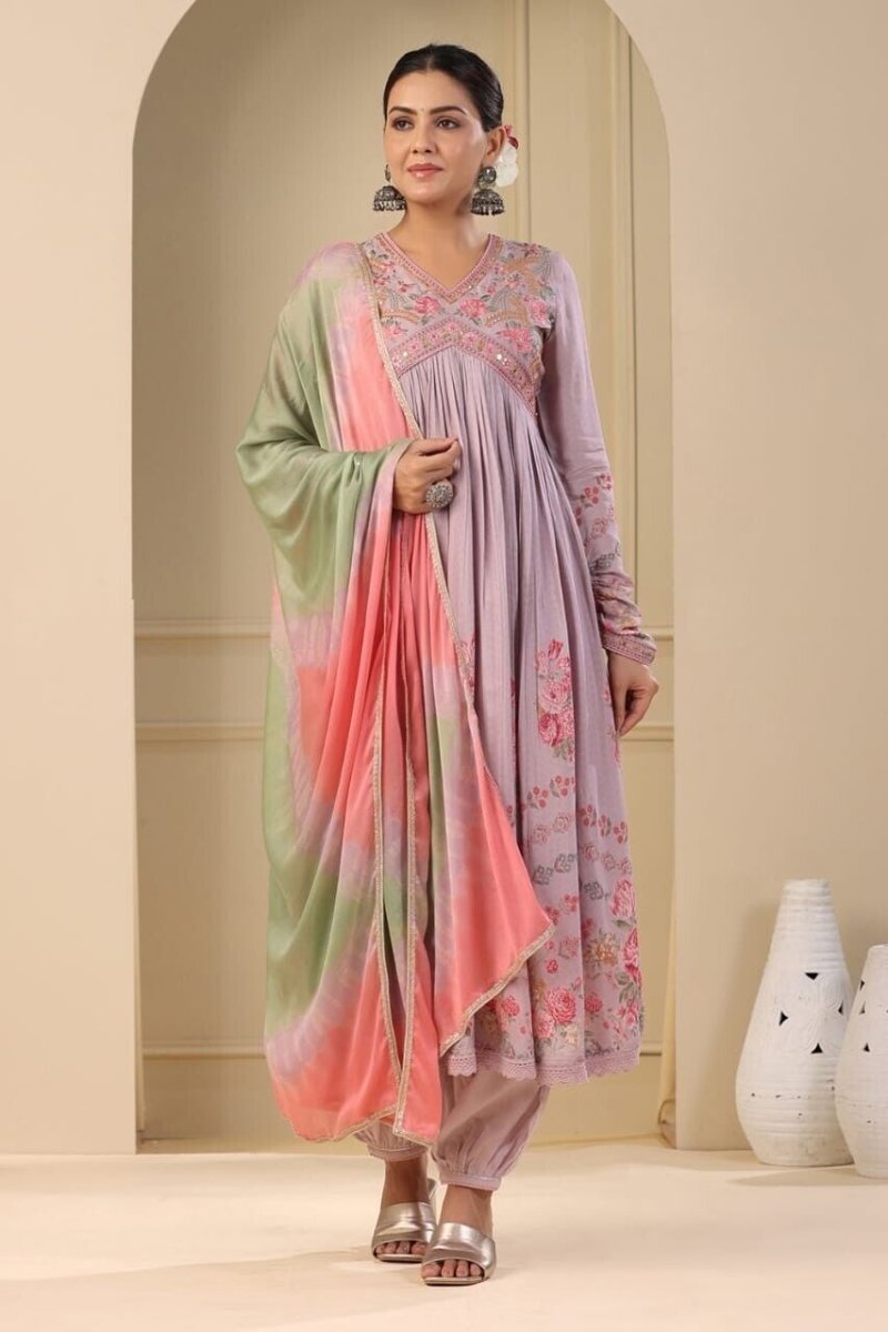 Women's Muslin Silk Alia Cut Salwar kameez Embroidery Digital Shine Print - 001FASHIONFORWARD