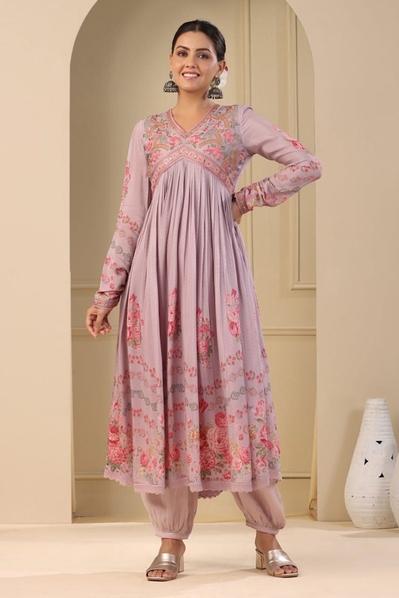 Women's Muslin Silk Alia Cut Salwar kameez Embroidery Digital Shine Print - 001FASHIONFORWARD