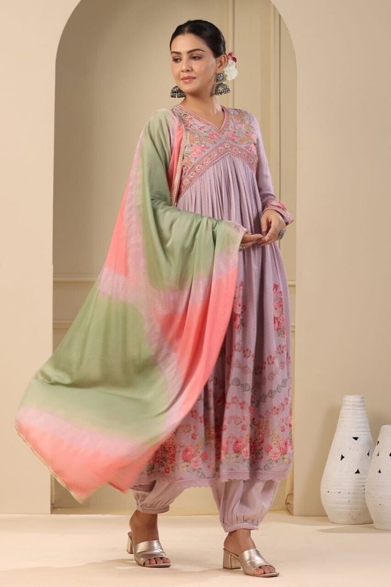 Women's Muslin Silk Alia Cut Salwar kameez Embroidery Digital Shine Print - 001FASHIONFORWARD