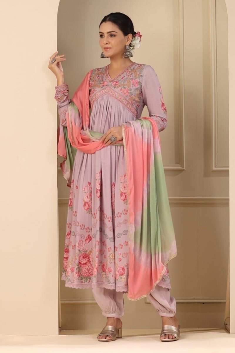 Women's Muslin Silk Alia Cut Salwar kameez Embroidery Digital Shine Print - 001FASHIONFORWARD