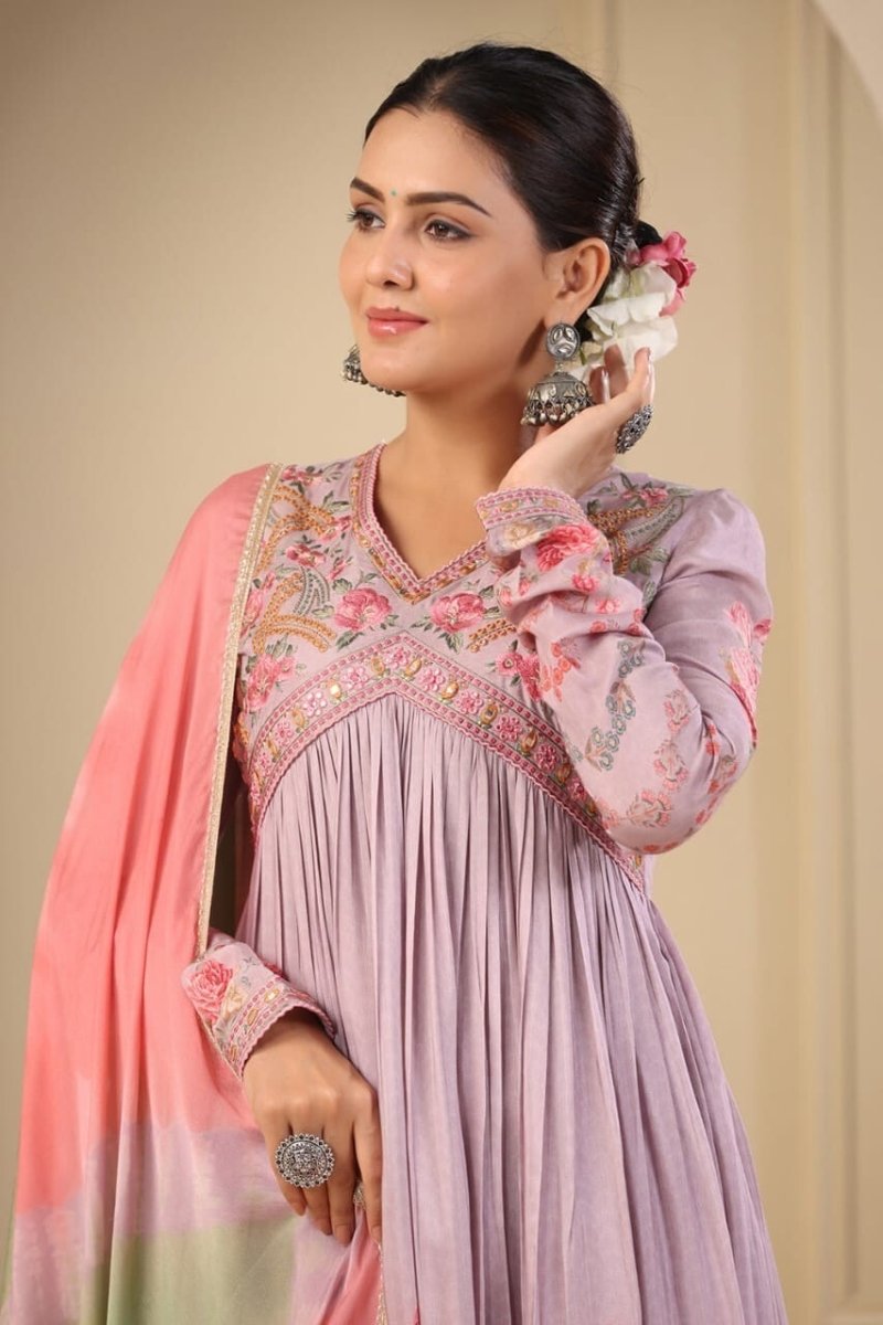 Women's Muslin Silk Alia Cut Salwar kameez Embroidery Digital Shine Print - 001FASHIONFORWARD