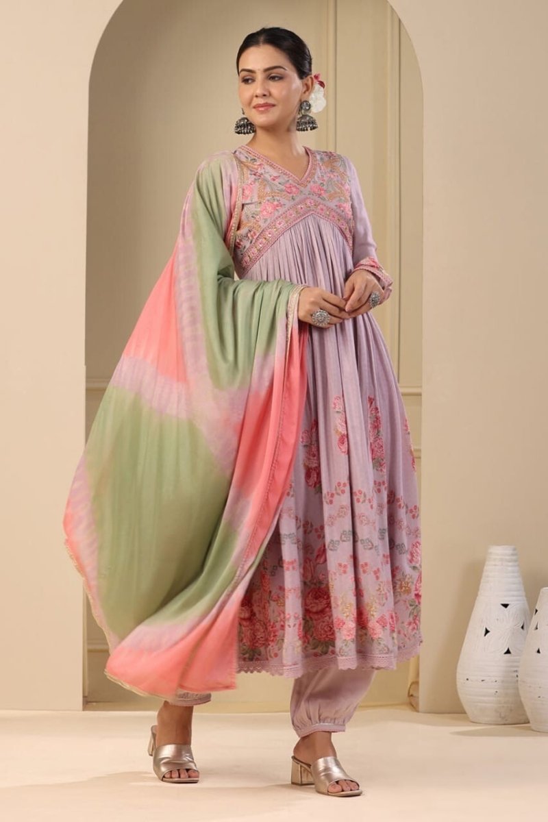Women's Muslin Silk Alia Cut Salwar kameez Embroidery Digital Shine Print - 001FASHIONFORWARD
