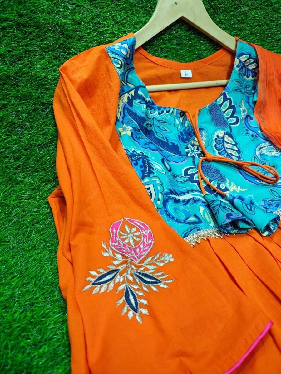 Women's Orange Anarkali Suit – Flared Gown Style, Stitched & Ready to Wear - 001FASHIONFORWARD