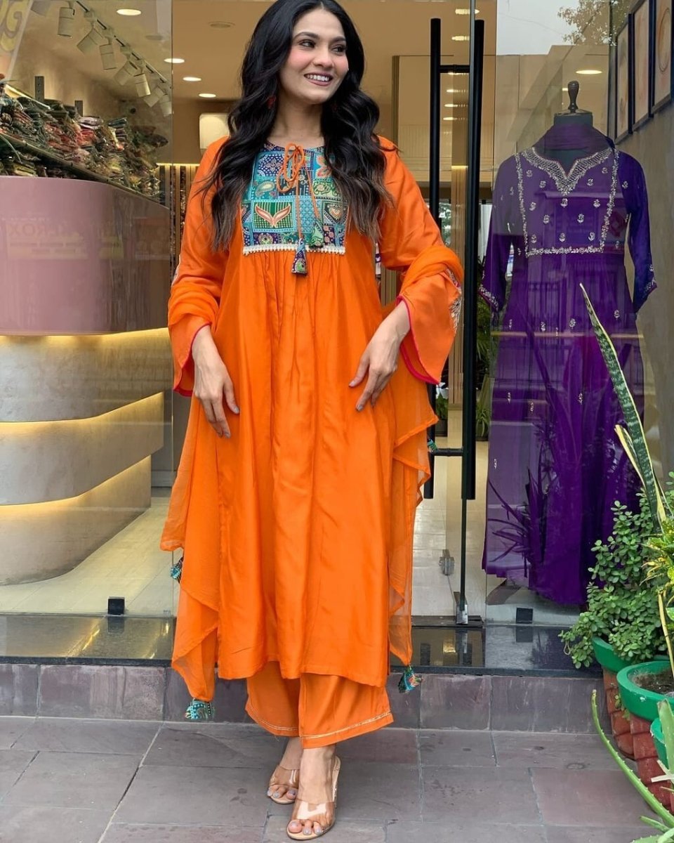 Women's Orange Anarkali Suit – Flared Gown Style, Stitched & Ready to Wear - 001FASHIONFORWARD